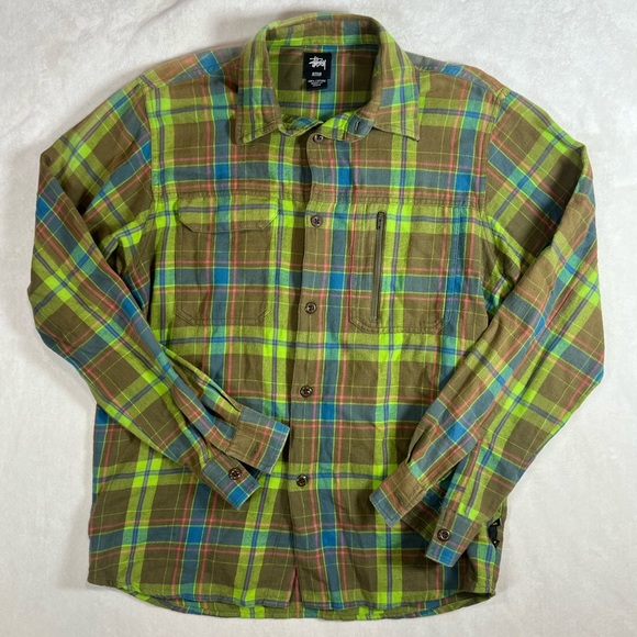 STUSSY Remix Y2K Medium Twisted Yarn Multicolor Plaid Pocket Front Shirt Flannel - Picture 1 of 11